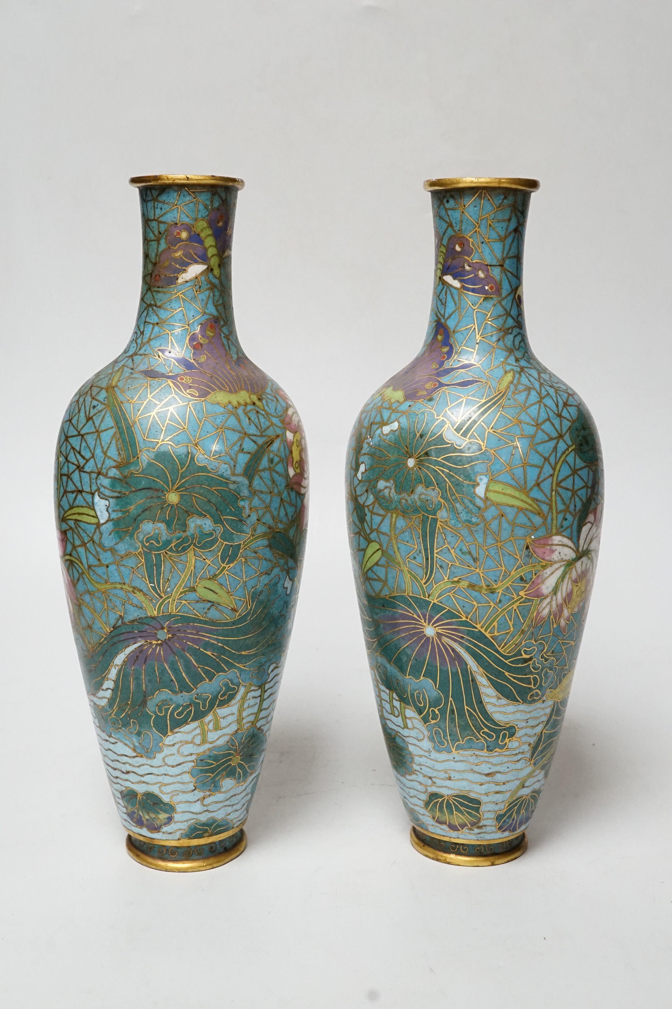 A pair of 19th century Chinese cloisonné enamel vases, 25.5cm high